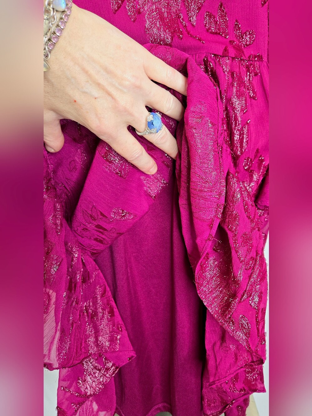 Calvin Klein Metallic Floral Burnout Dress Fuchsia Pink Wedding Guest 12 NWOT - Picture 7 of 11